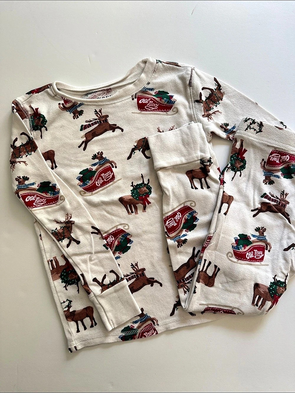 Old Navy Reindeer Pajama Set Cream & Red